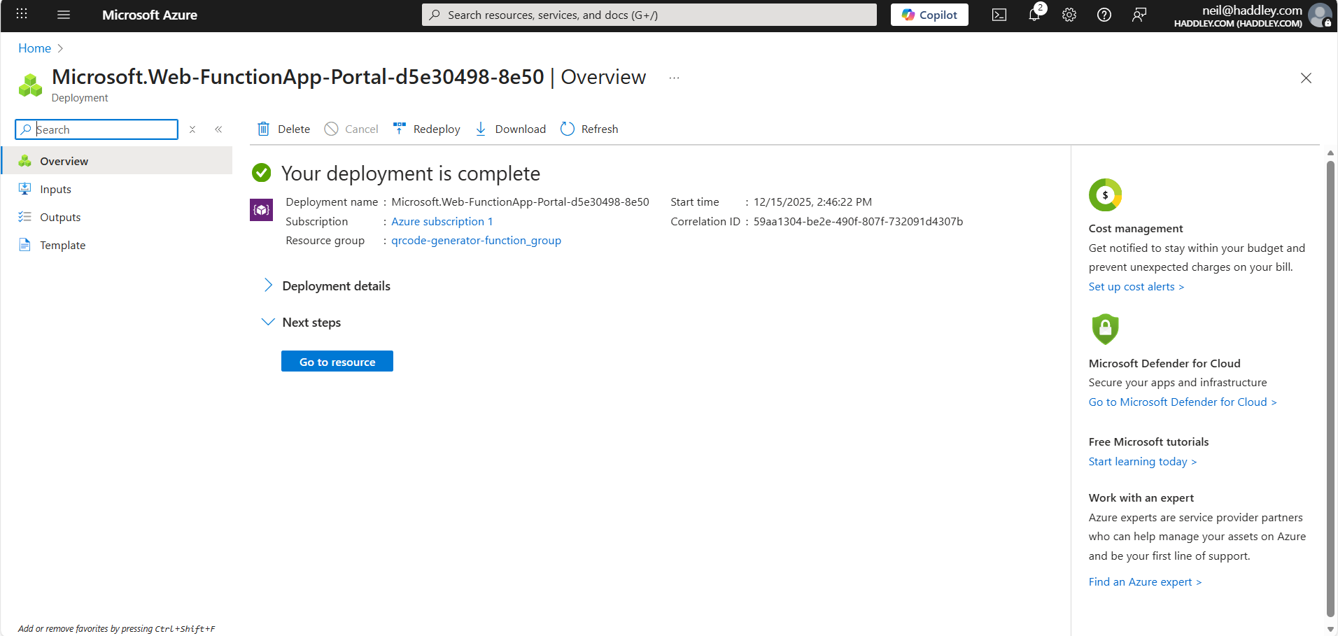 I clicked Go to resource